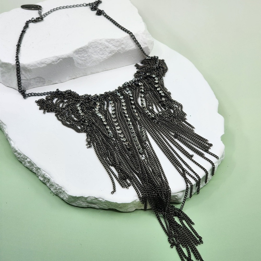 Plunder Gunmetal Chain Fringe Rhinestone Bib Necklace Gothic Statement Jewelry